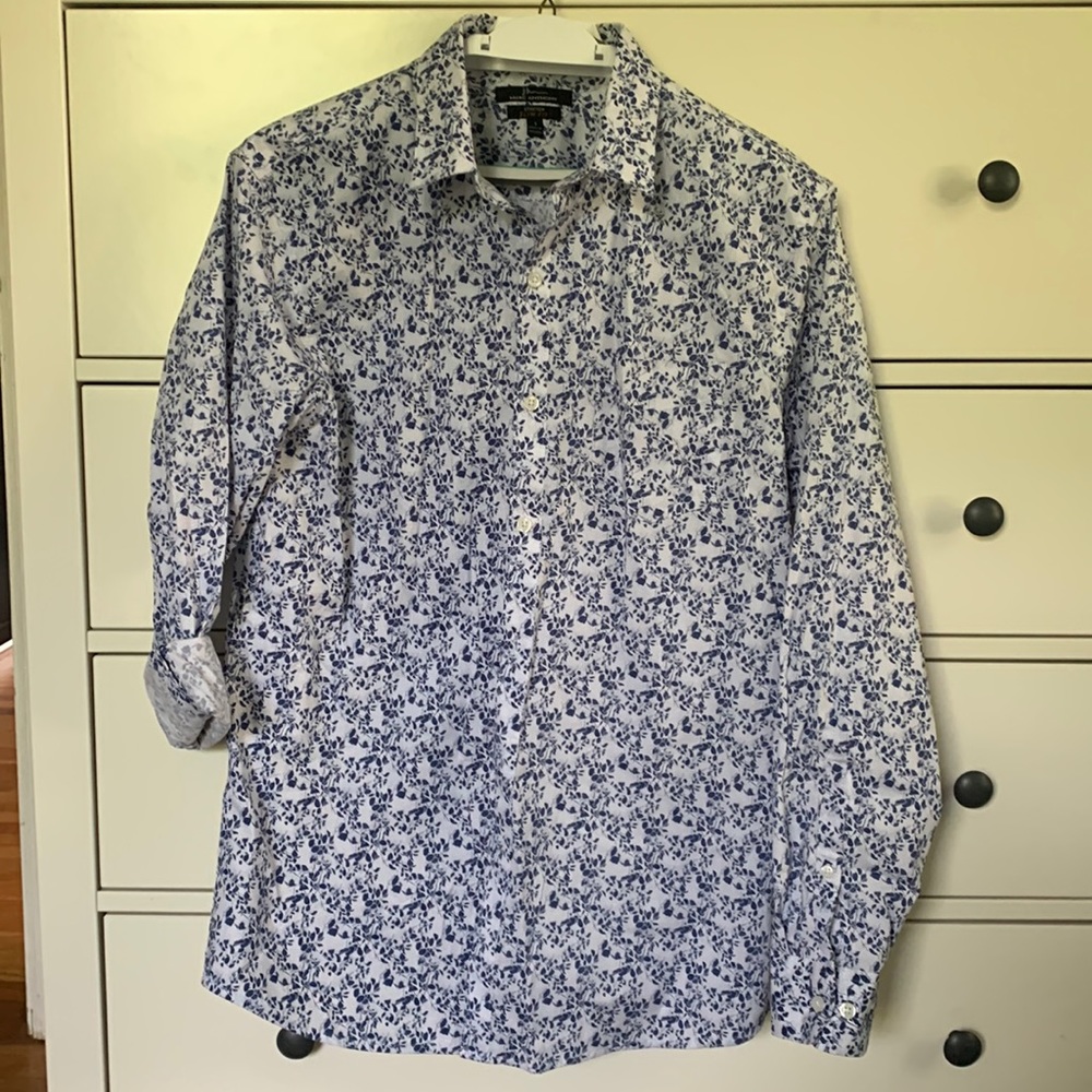 Floral white and blue mens button down